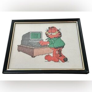 Framed Vintage Garfield Cross Stitch Comic Strip Computer Office Humor